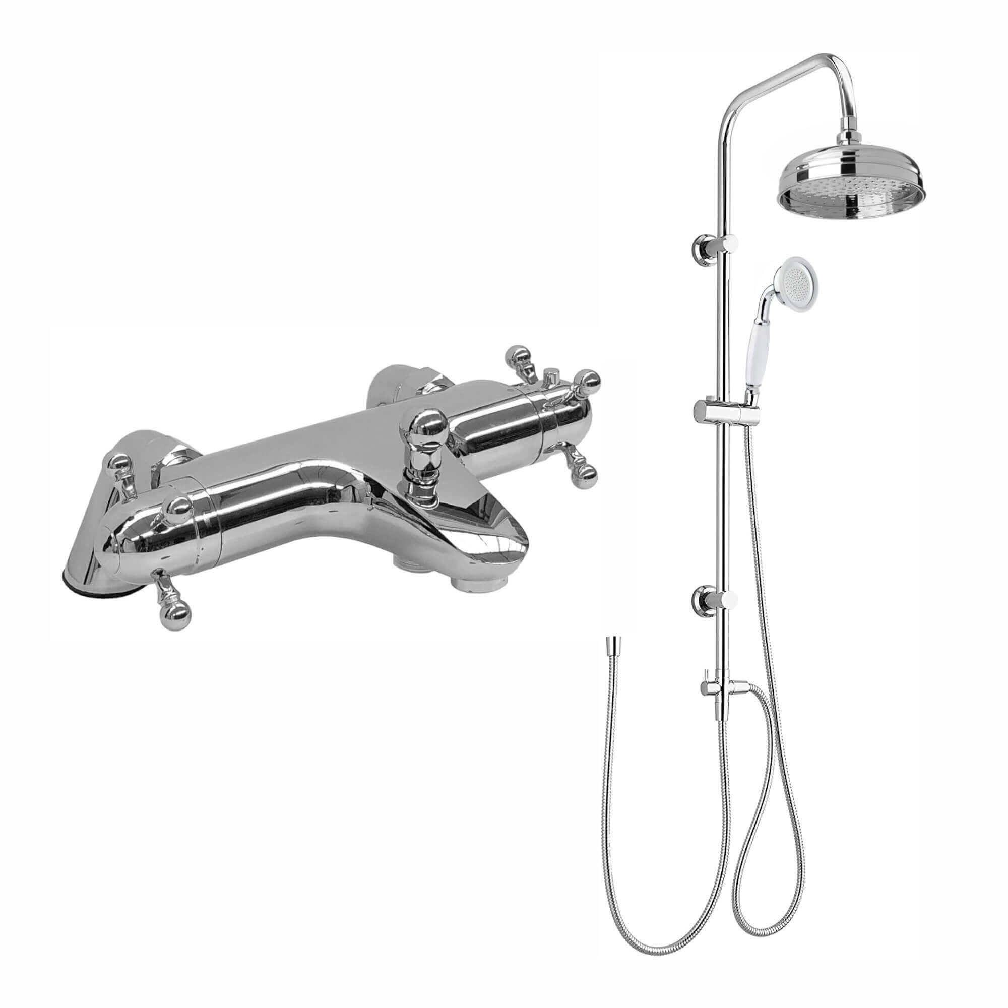 Buy Gallant thermostatic bath shower bar mixer valve deck mounted with dual rigid riser kit, overhead rain shower and handheld - chrome Online UK | HOUSE OF ENKI